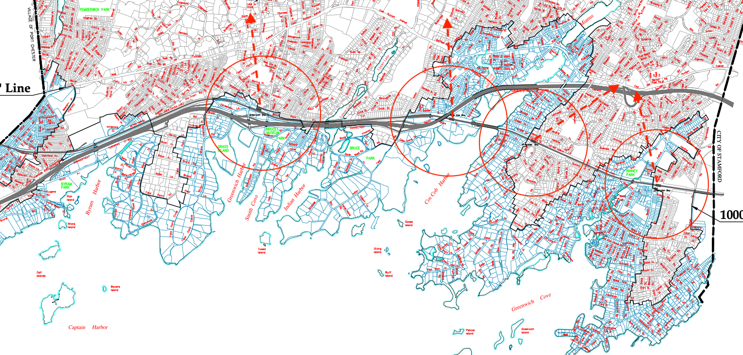 Greenwich Metro North Station Half Mile Radius and One Mile Pointers